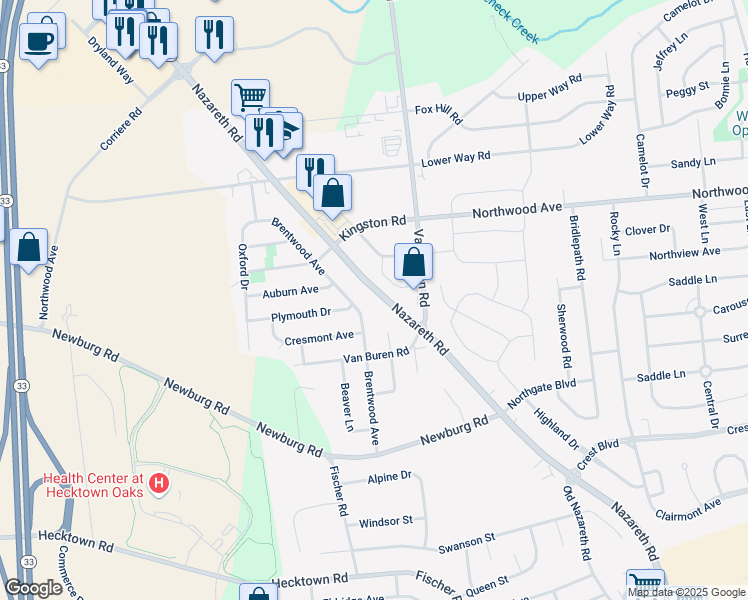 map of restaurants, bars, coffee shops, grocery stores, and more near 3453 Nazareth Road in Easton