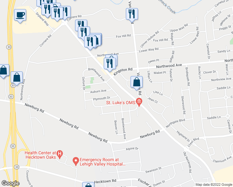 map of restaurants, bars, coffee shops, grocery stores, and more near 119 Brentwood Avenue in Easton