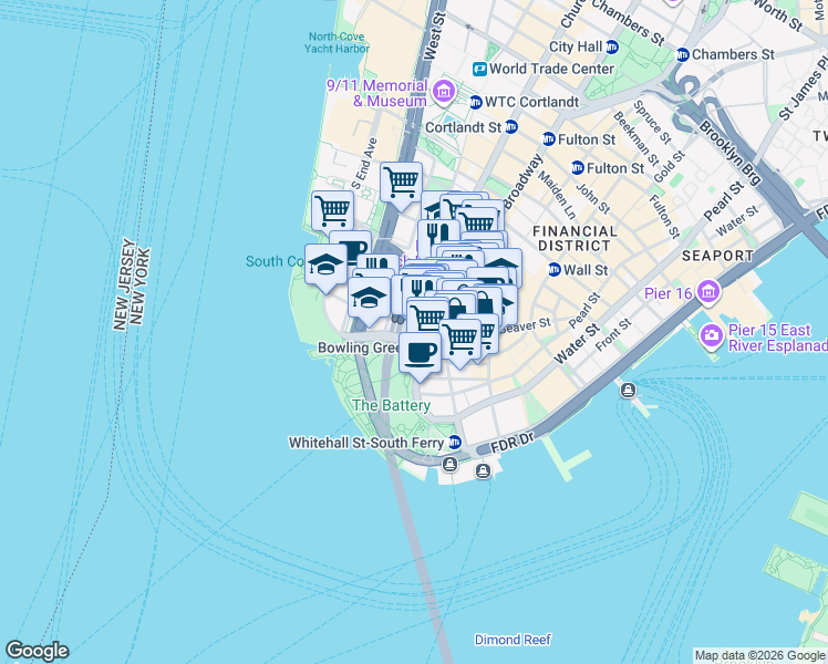 map of restaurants, bars, coffee shops, grocery stores, and more near 1 Broadway in New York