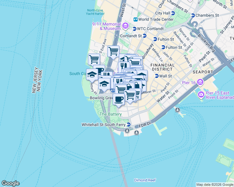 map of restaurants, bars, coffee shops, grocery stores, and more near 1 Broadway in New York