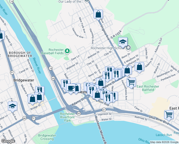 map of restaurants, bars, coffee shops, grocery stores, and more near 425 Vermont Avenue in Rochester