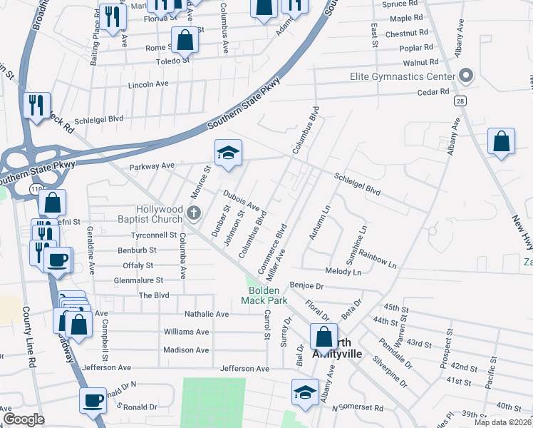 map of restaurants, bars, coffee shops, grocery stores, and more near 52 Columbus Boulevard in Amityville