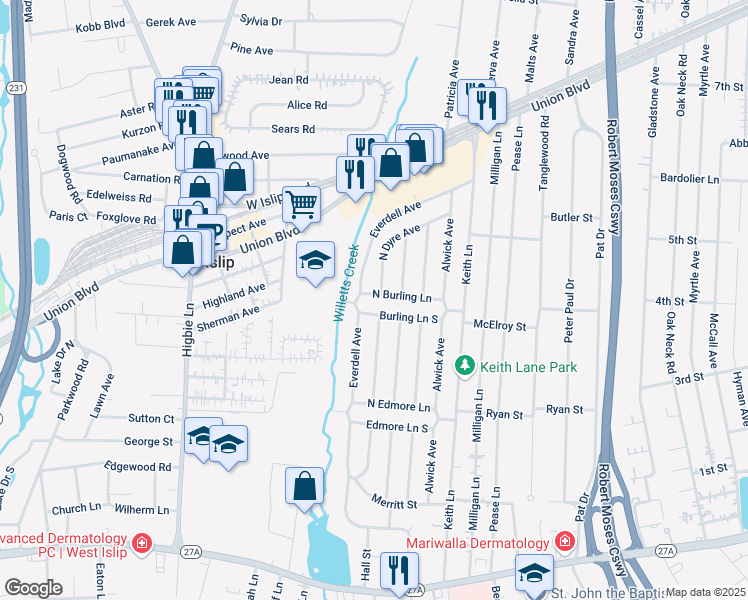 map of restaurants, bars, coffee shops, grocery stores, and more near 67 North Burling Lane in West Islip