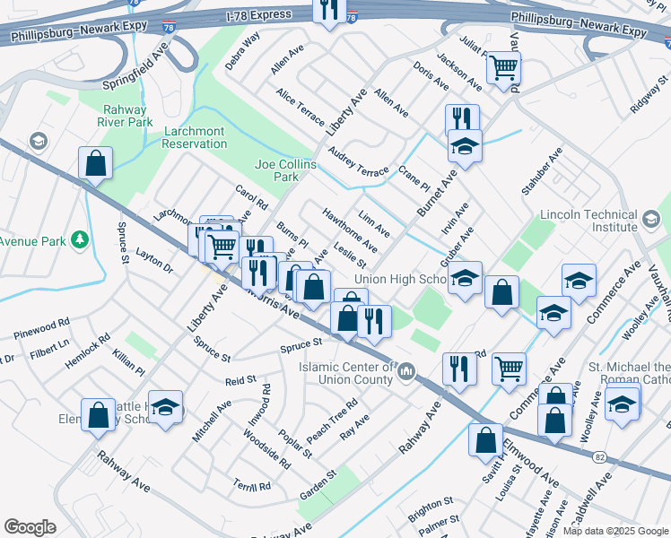 map of restaurants, bars, coffee shops, grocery stores, and more near Burns Place & Bashford Avenue in Union