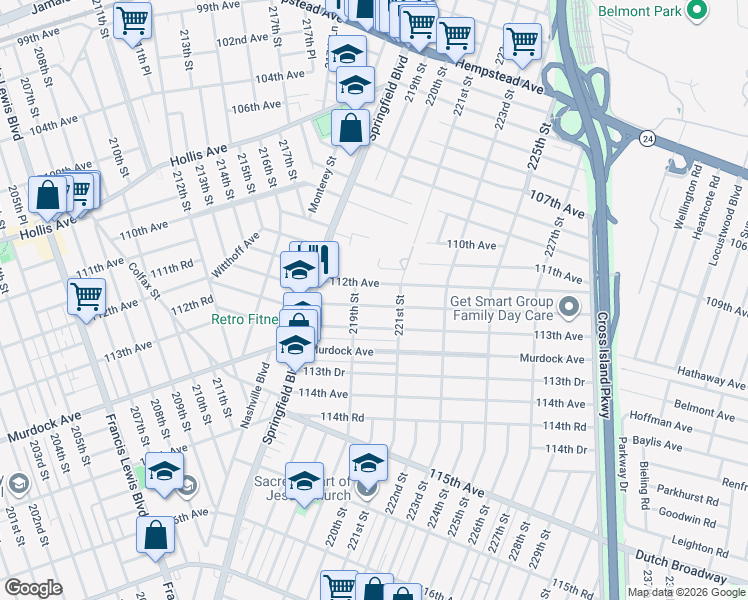 map of restaurants, bars, coffee shops, grocery stores, and more near 219-28 112th Avenue in Queens