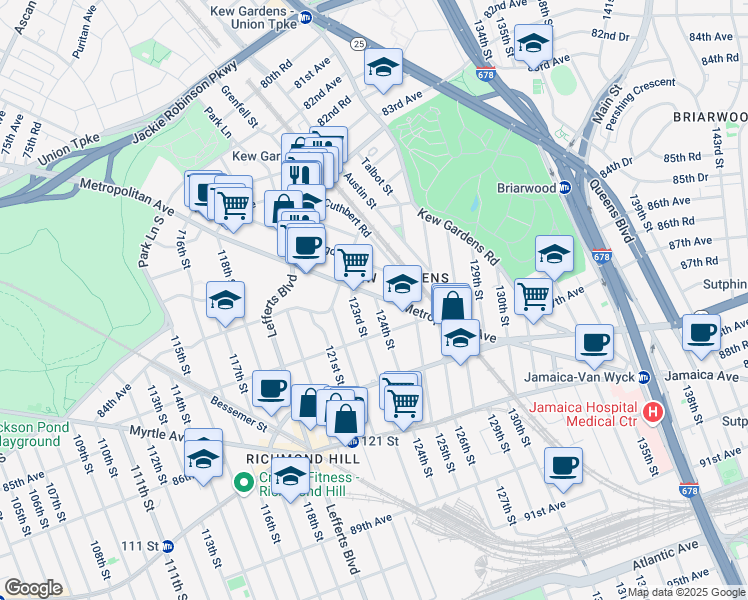 map of restaurants, bars, coffee shops, grocery stores, and more near 124-0 Metropolitan Avenue in Queens