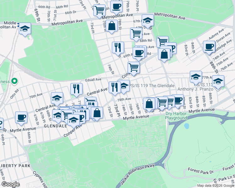 map of restaurants, bars, coffee shops, grocery stores, and more near 77-32 74th Street in Queens