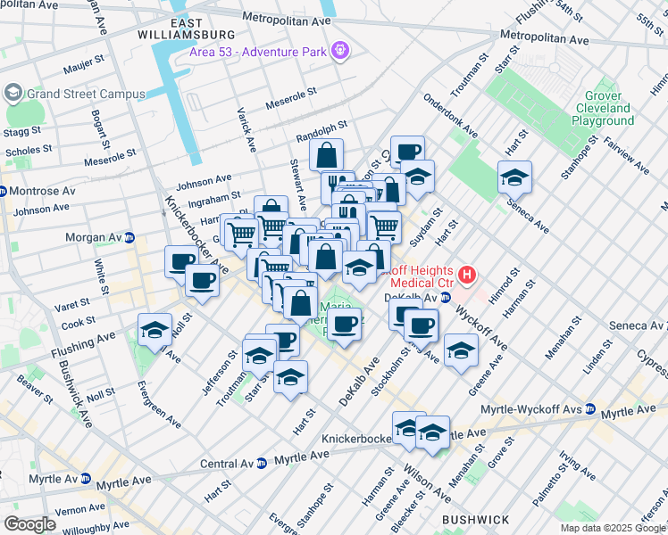 map of restaurants, bars, coffee shops, grocery stores, and more near 362 Jefferson Street in Brooklyn