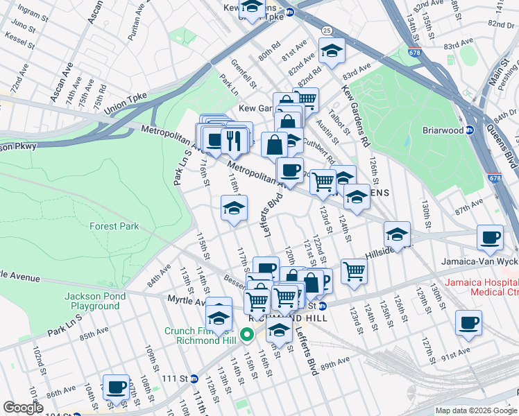 map of restaurants, bars, coffee shops, grocery stores, and more near 83-54 Lefferts Boulevard in Queens