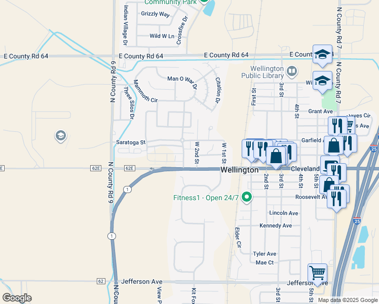 map of restaurants, bars, coffee shops, grocery stores, and more near 3380 Saratoga Street in Wellington