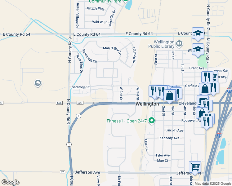 map of restaurants, bars, coffee shops, grocery stores, and more near 3380 Saratoga Street in Wellington