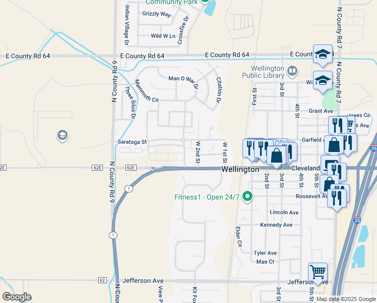 map of restaurants, bars, coffee shops, grocery stores, and more near 3380 Saratoga Street in Wellington