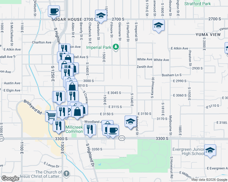 map of restaurants, bars, coffee shops, grocery stores, and more near 1518 East 3010 South in Salt Lake City