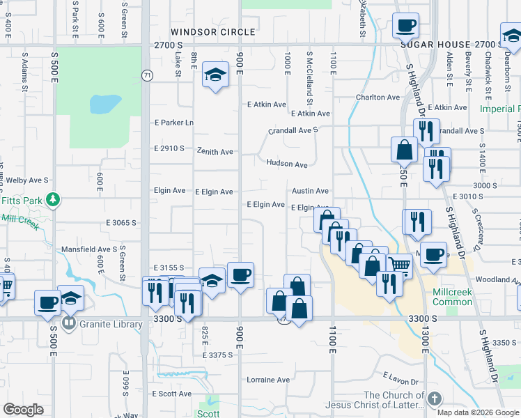 map of restaurants, bars, coffee shops, grocery stores, and more near 945 Elgin Avenue in Salt Lake City