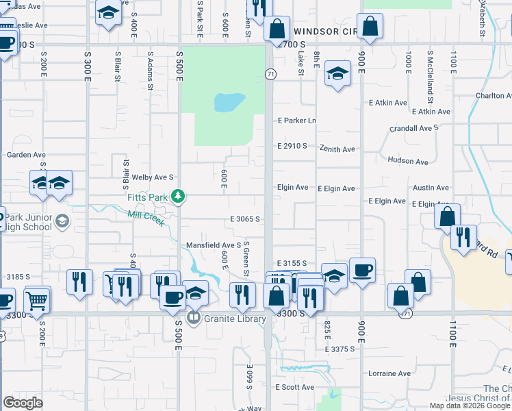 map of restaurants, bars, coffee shops, grocery stores, and more near 684 Leland Avenue South in Salt Lake City
