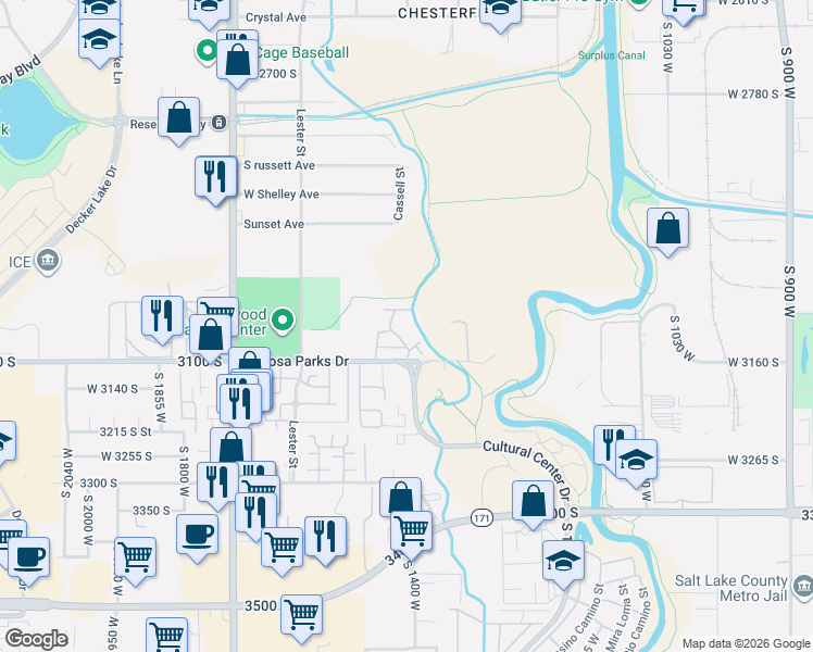 map of restaurants, bars, coffee shops, grocery stores, and more near 1407 Salvia Place in West Valley City