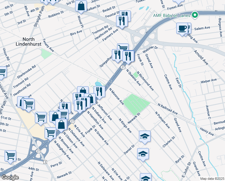 map of restaurants, bars, coffee shops, grocery stores, and more near 229 Sunrise Highway in Lindenhurst