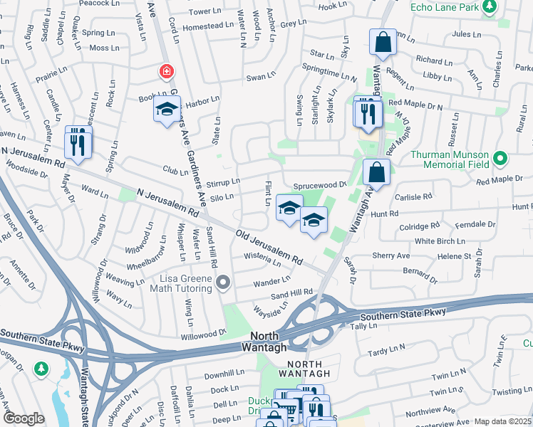 map of restaurants, bars, coffee shops, grocery stores, and more near 25 Flint Lane in Levittown