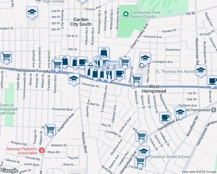 map of restaurants, bars, coffee shops, grocery stores, and more near 485 Hempstead Turnpike in West Hempstead