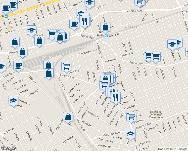 map of restaurants, bars, coffee shops, grocery stores, and more near 104-20 189th Street in Queens