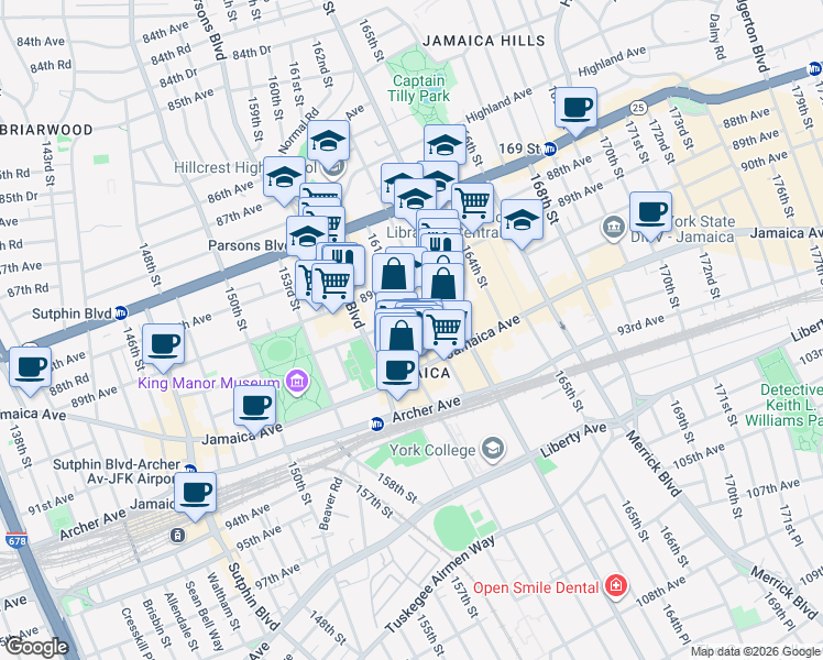 map of restaurants, bars, coffee shops, grocery stores, and more near 89-25 161st Street in Queens