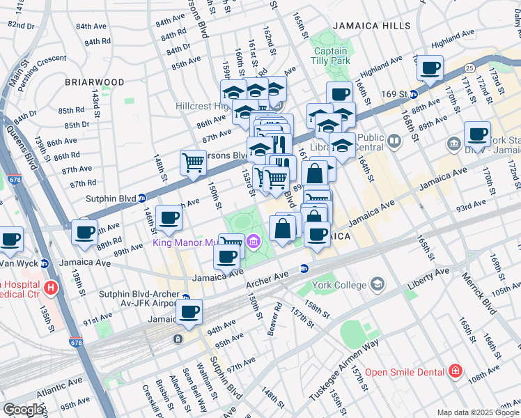 map of restaurants, bars, coffee shops, grocery stores, and more near 165-15 89th Avenue in Queens