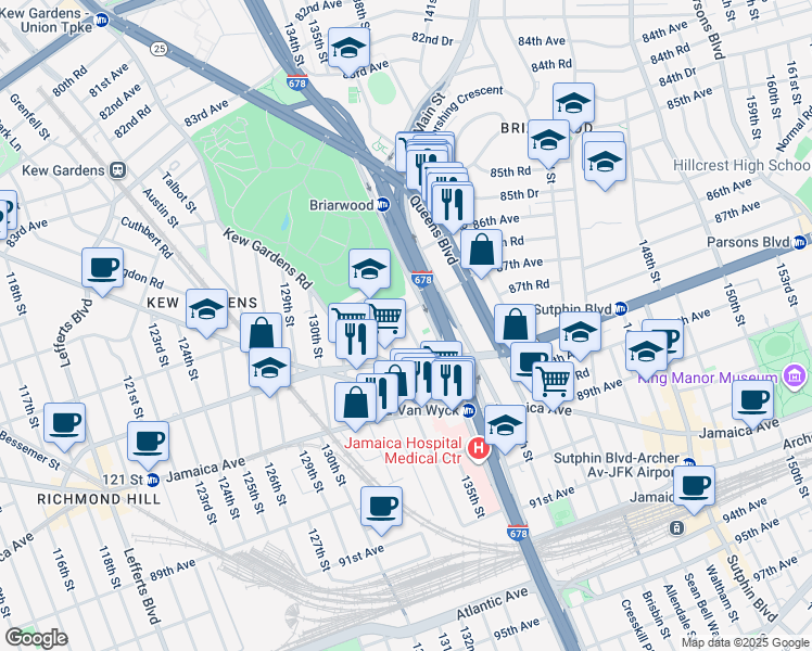 map of restaurants, bars, coffee shops, grocery stores, and more near 135-17 87th Avenue in Queens