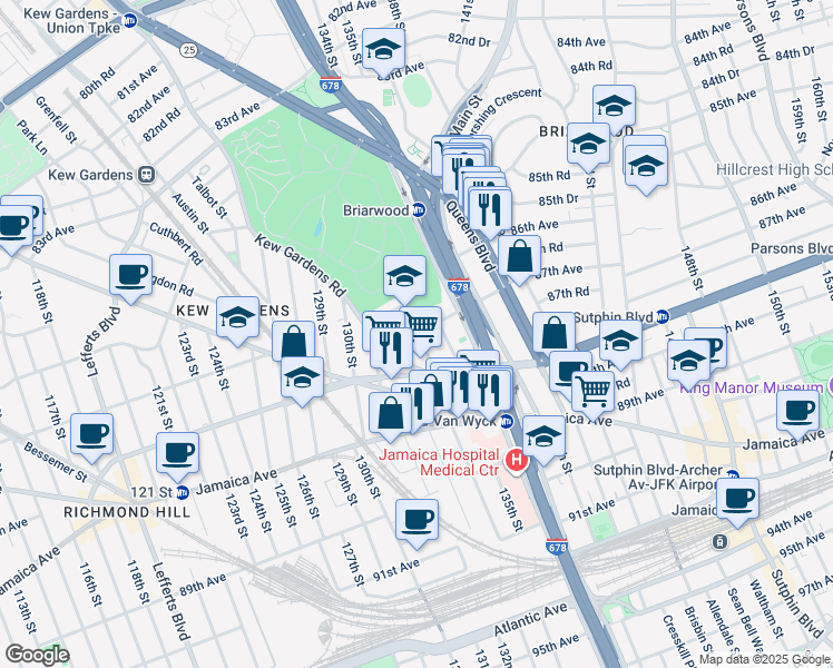 map of restaurants, bars, coffee shops, grocery stores, and more near 135-17 87th Avenue in Queens