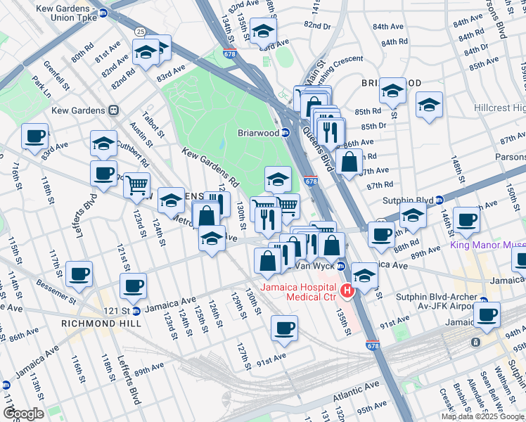 map of restaurants, bars, coffee shops, grocery stores, and more near in Queens