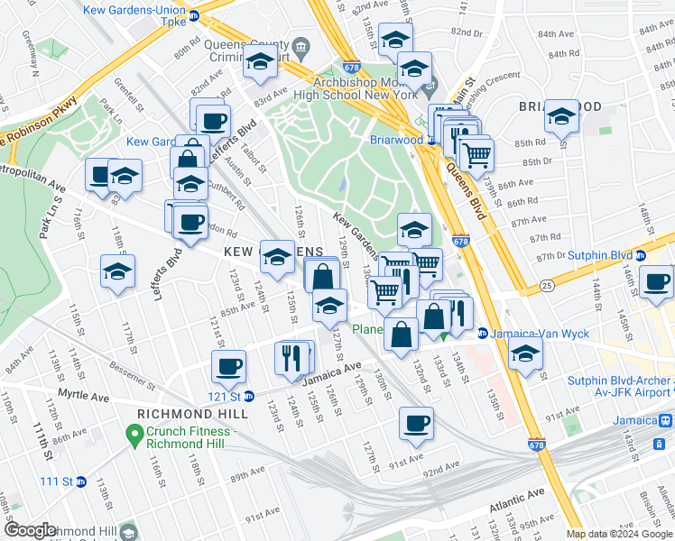 map of restaurants, bars, coffee shops, grocery stores, and more near 84-48 129th Street in Queens