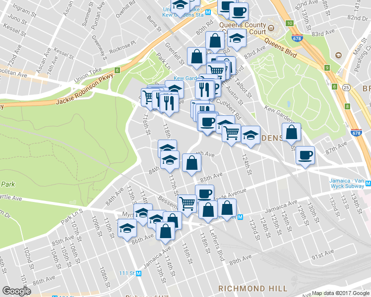 map of restaurants, bars, coffee shops, grocery stores, and more near 83-44 Lefferts Boulevard in Queens