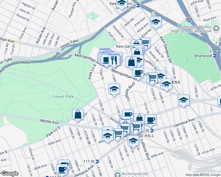 map of restaurants, bars, coffee shops, grocery stores, and more near 83-60 118th Street in Queens