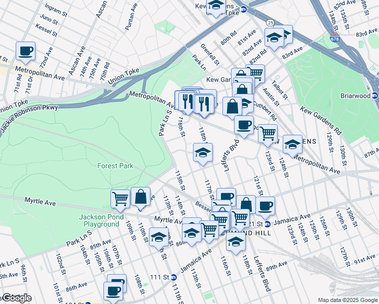 map of restaurants, bars, coffee shops, grocery stores, and more near 8331 116th Street in Queens