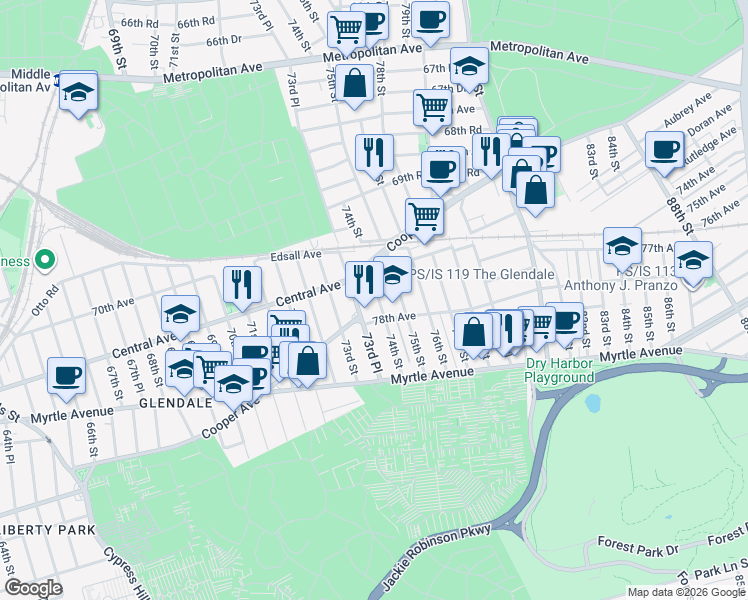 map of restaurants, bars, coffee shops, grocery stores, and more near 74-01 78th Avenue in Queens