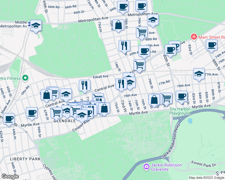 map of restaurants, bars, coffee shops, grocery stores, and more near 72-43 Central Avenue in Queens