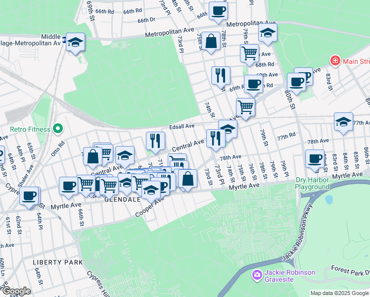 map of restaurants, bars, coffee shops, grocery stores, and more near 70-31 72nd Street in Queens
