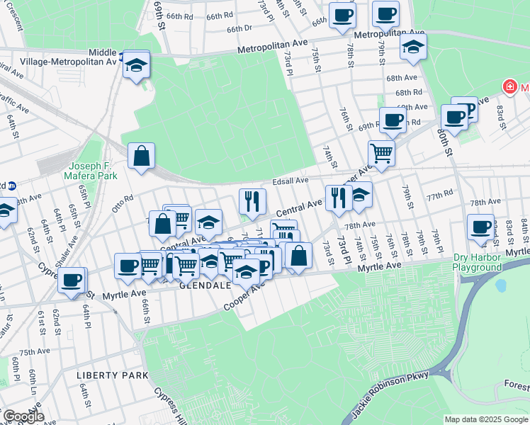 map of restaurants, bars, coffee shops, grocery stores, and more near 70-20 71st Place in Queens