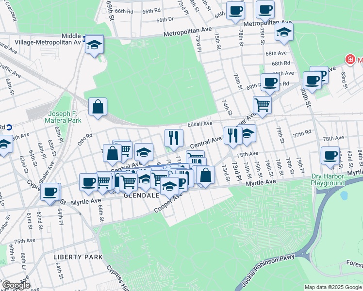 map of restaurants, bars, coffee shops, grocery stores, and more near 70-20 71st Place in Queens