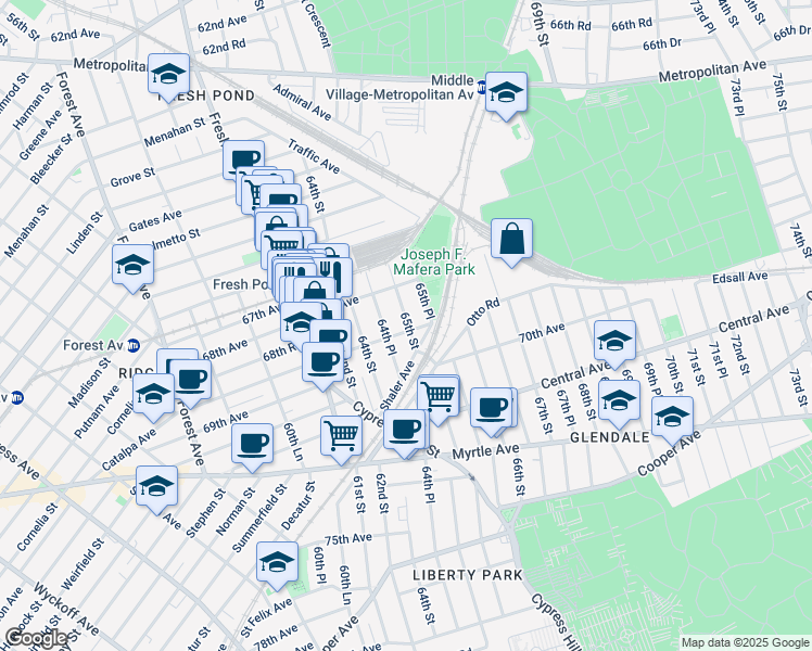 map of restaurants, bars, coffee shops, grocery stores, and more near 68-17 64th Place in Queens