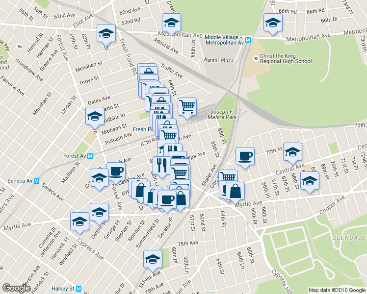 map of restaurants, bars, coffee shops, grocery stores, and more near 62-18 68th Avenue in Queens