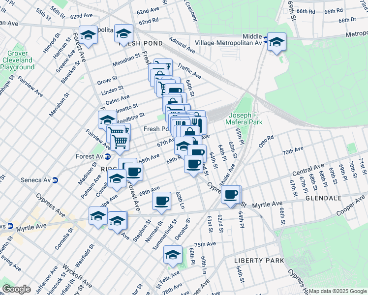 map of restaurants, bars, coffee shops, grocery stores, and more near 6715 Fresh Pond Road in Queens