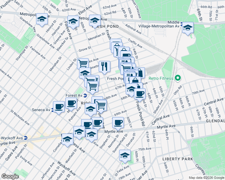 map of restaurants, bars, coffee shops, grocery stores, and more near 66-16 60th Lane in Queens