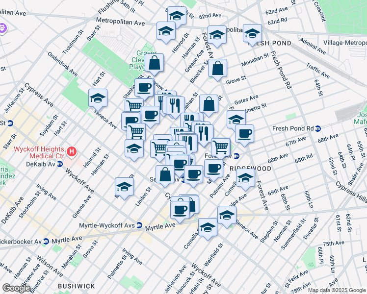 map of restaurants, bars, coffee shops, grocery stores, and more near in Queens