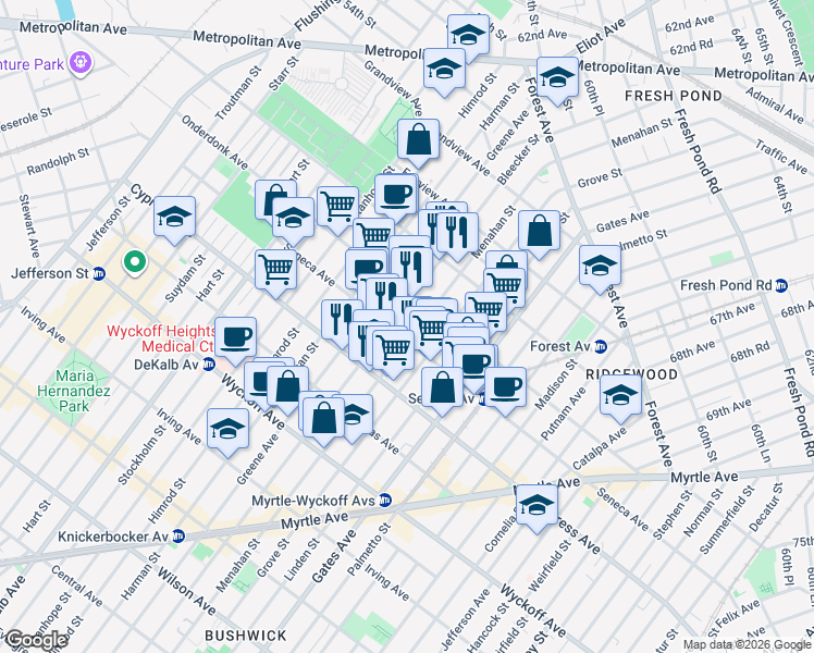 map of restaurants, bars, coffee shops, grocery stores, and more near 18-19 Bleecker Street in Queens