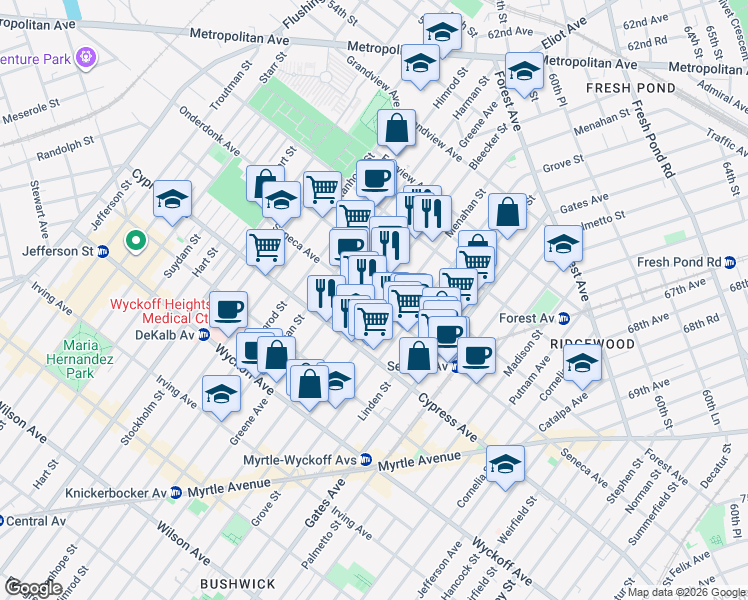 map of restaurants, bars, coffee shops, grocery stores, and more near 18-19 Bleecker Street in Queens