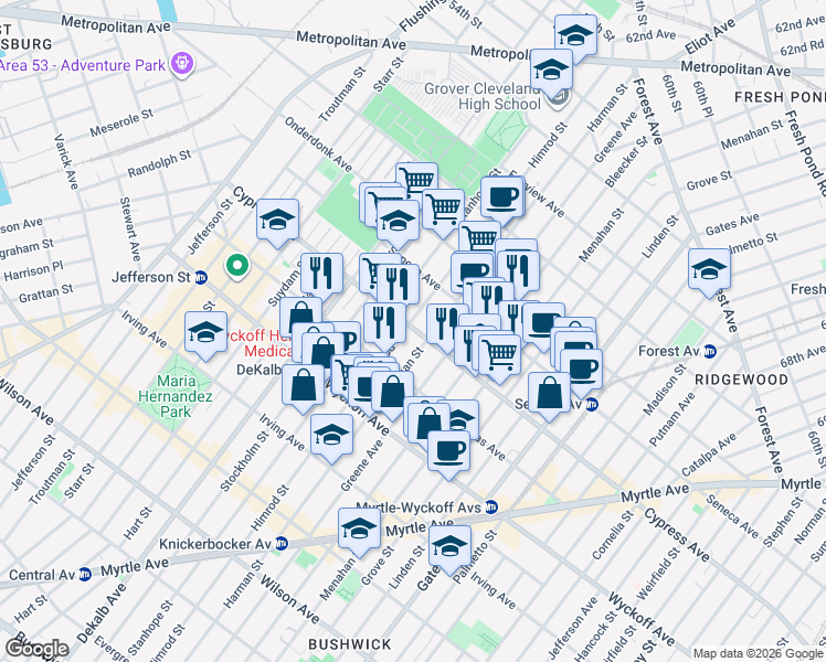 map of restaurants, bars, coffee shops, grocery stores, and more near 17-16 Himrod Street in Queens