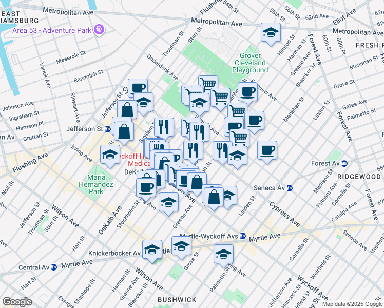 map of restaurants, bars, coffee shops, grocery stores, and more near 418 Stanhope Street in Brooklyn
