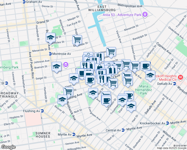 map of restaurants, bars, coffee shops, grocery stores, and more near 51 Morgan Avenue in Brooklyn