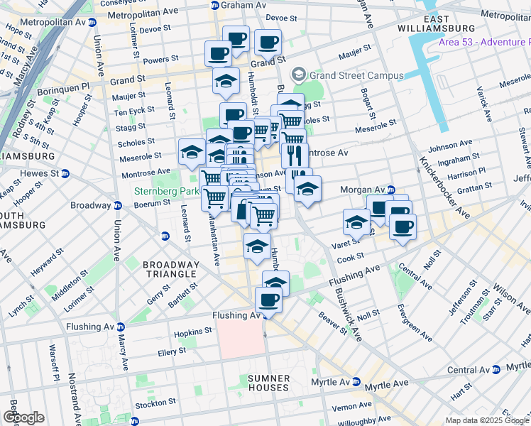 map of restaurants, bars, coffee shops, grocery stores, and more near 130 Humboldt Street in Brooklyn