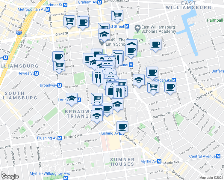 map of restaurants, bars, coffee shops, grocery stores, and more near in Brooklyn